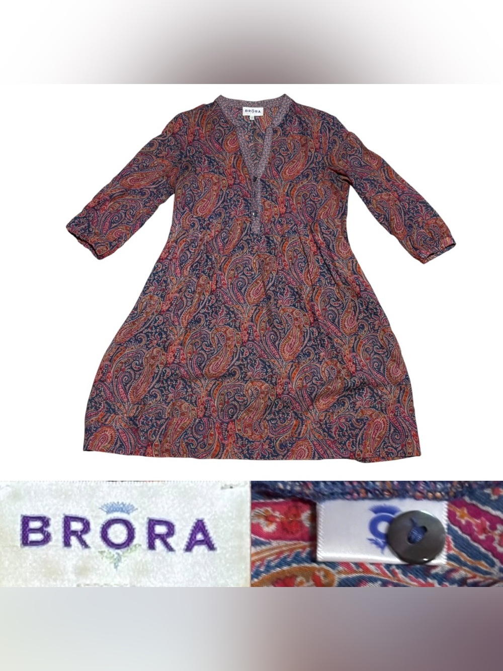 Brora Silk Cotton Paisley Print Shirt Dress Women’s Size 8 In Red Multi